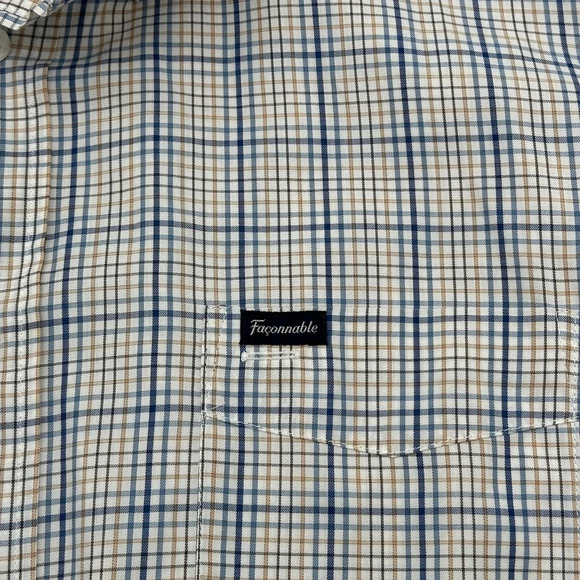 Faconnable Classique Men's Shirt button down collar blue Tan plaid all cotton XL - Picture 3 of 8